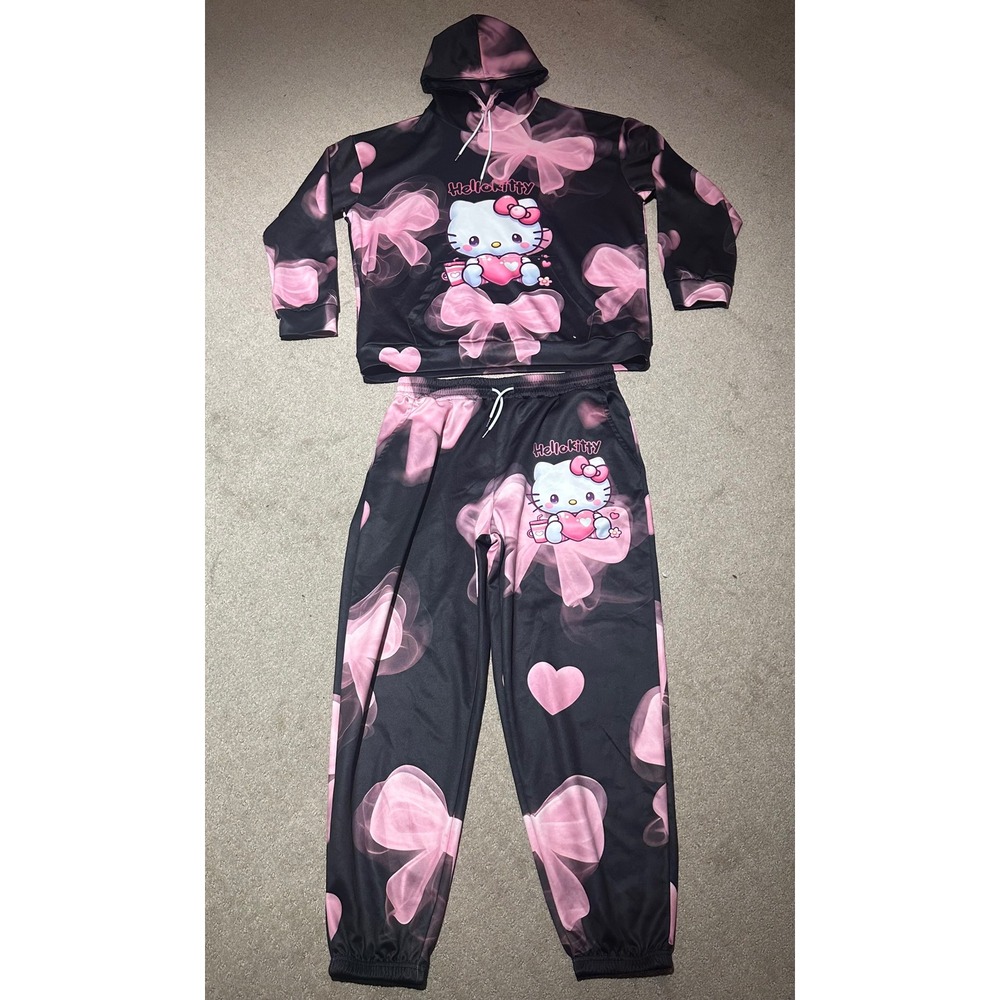Hello Kitty Pink Bow Black Graphic Hoodie and Sweatpants Set XXL Womens